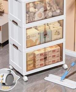 Large stackable plastic storage box with wheels and safety lock.